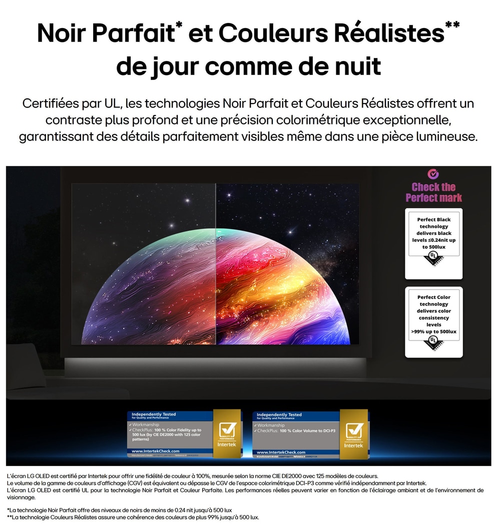 LG OLED evo AI G6 montre une scène planète et étoiles à écran partagé, comparant un écran mat anti-glare à son écran Noir parfait et couleur parfaite pour une qualité d’image plus claire sous n’importe quelle lumière, pris en charge par la certification UL et les certifications Intertek pour le volume et la fidélité des couleurs.
